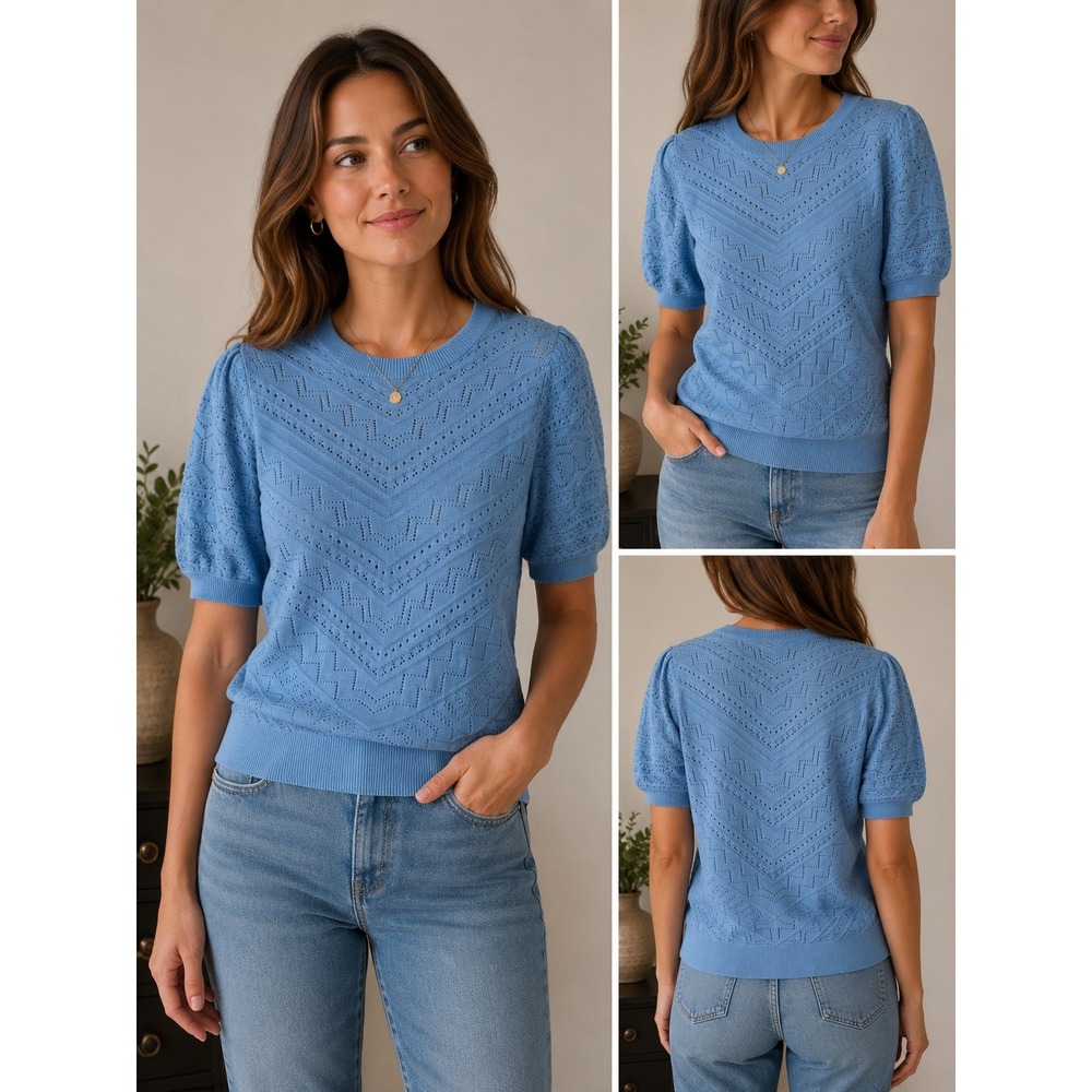 LOFT Blue Pointelle Short Puff Sleeve Cotton Chevron Knit Sweater Top Medium